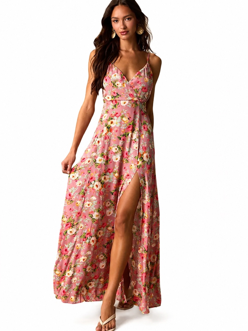 Lulu's Pink Floral Spaghetti-Strap Maxi Dress